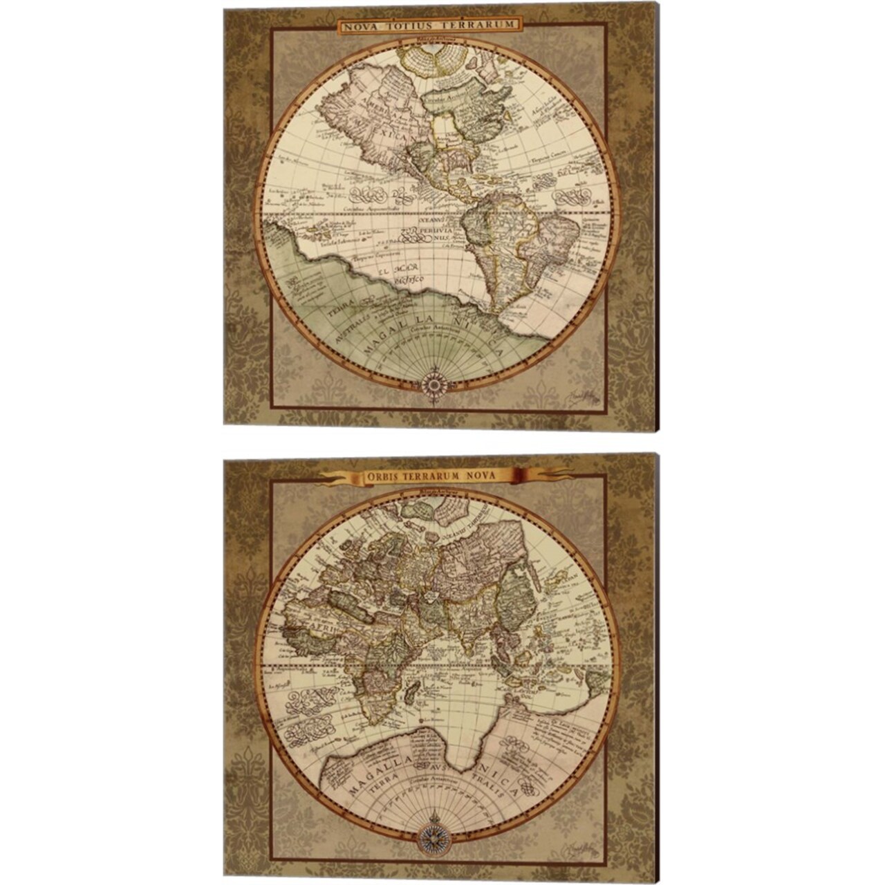 Damask World Map by Elizabeth Medley 14" x 14" Canvas Wall Art (Set of 2)